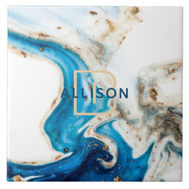 ブルーホワイト金ゴールド大理石抽象芸術アートモノグラム タイル