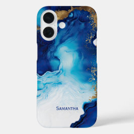 ブルーホワイト金ゴールド大理石 iPhone 16ケース