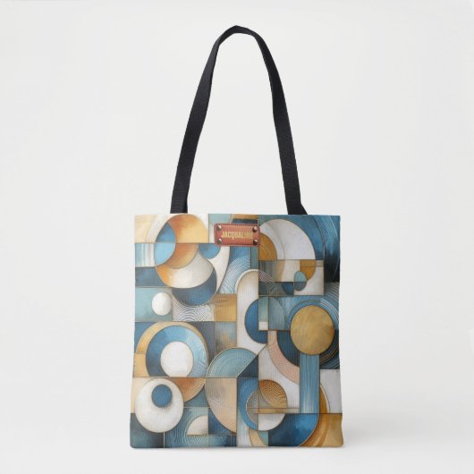 ブルーホワイト金ゴールド抽象芸術幾何学的アート トートバッグ (正面)