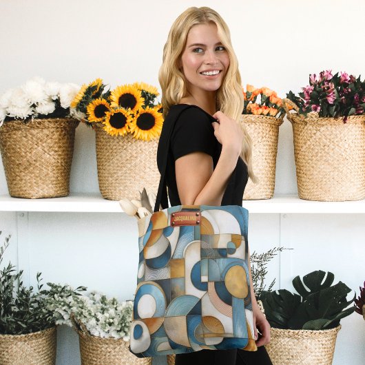 ブルーホワイト金ゴールド抽象芸術幾何学的アート トートバッグ