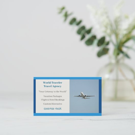 ブルーホワイト飛行機代理飛行機旅行代理店 名刺 (スタンド正面)