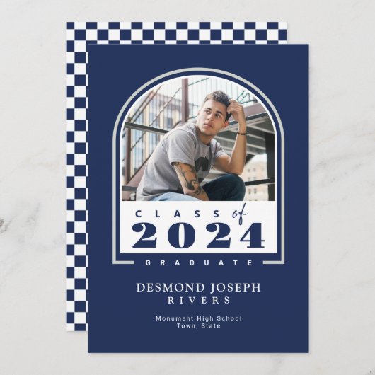 ブルーホワイト2024アーチモダント写真卒業 案内状 (正面/裏面)