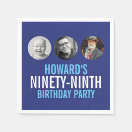 ブルーホワイト99th三つの写真カスタム誕生日パーティー スタンダードカクテルナプキン