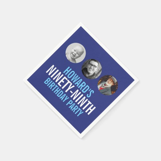 ブルーホワイト99th三つの写真カスタム誕生日パーティー スタンダードカクテルナプキン (角)