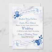 ブルーホワエレガントイトグレーフローラハート招待状 招待状 (正面)