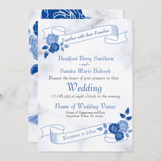 ブルーホワエレガントイトグレーフローラハート招待状 招待状 (正面/裏面)
