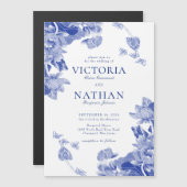 ブルーホワエレガントイトフラワーチノイスリーシック結婚ズ マグネット招待状 (正面/裏面)