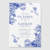 ブルーホワエレガントイトフラワーチノイスリーシック結婚ズ マグネット招待状 (正面)