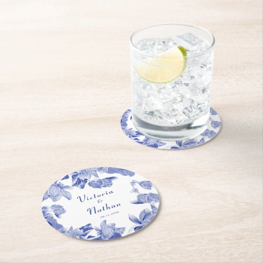 ブルーホワエレガントイトフローラ結婚ズ ラウンドペーパーコースター (インサイチュ)