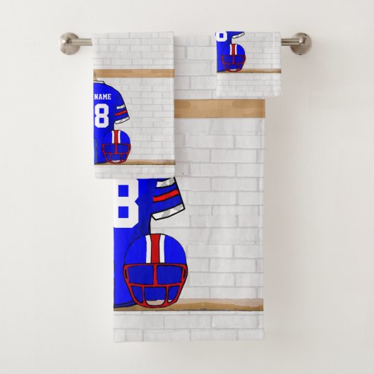 ブルーホワパーソナライズされたイトレッドフットボールジャージー バスタオルセット (インサイチュ)