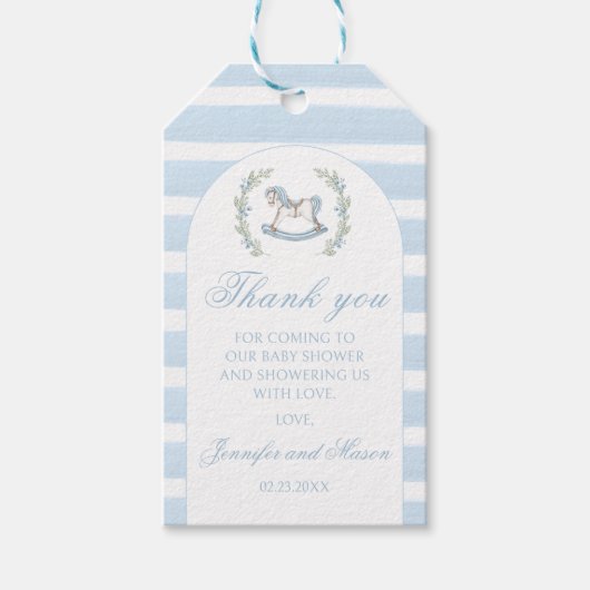 ブルーホースボーホアーチ男の赤ちゃんシャワ感謝していーユー ギフトタグ (正面)