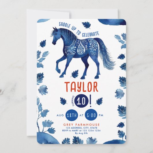 ブルーホース素朴ポニーウェスタンウォーターカラーパーティー 招待状 (正面)