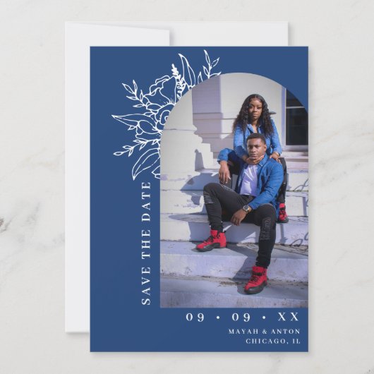 ブルーボはっきりしたタニカルフローラアーチ写真結婚ズ セーブザデート (正面)