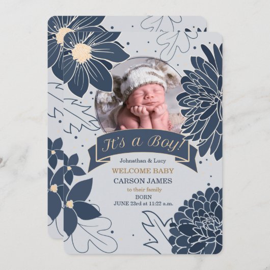 ブルーボはっきりしたタニカル少年の誕生発表だ 案内状 (正面/裏面)