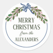 ブルーボウとホリーガーランドクリスマス ラウンドシール (正面)