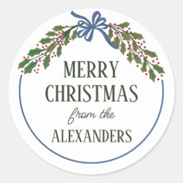 ブルーボウとホリーガーランドクリスマス ラウンドシール