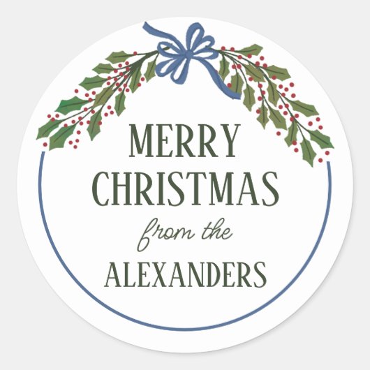 ブルーボウとホリーガーランドクリスマス ラウンドシール (正面)