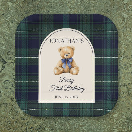 ブルーボウのきちんとしたテディベアの1歳の誕生日 ペーパープレート