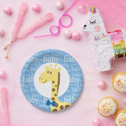 ブルーボウのキリン男の子のための赤ちゃんシャワー ペーパープレート (パーティー)