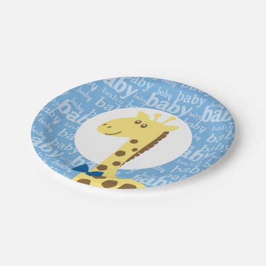 ブルーボウのキリン男の子のための赤ちゃんシャワー ペーパープレート (アングル)
