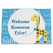 ブルーボウのキリン男の子のための赤ちゃんシャワー ラージペーパーバッグ (正面)