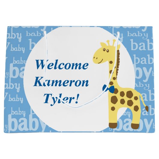 ブルーボウのキリン男の子のための赤ちゃんシャワー ラージペーパーバッグ (正面)