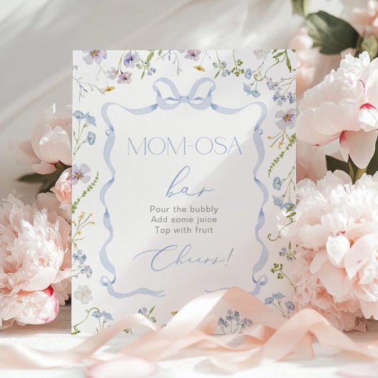 ブルーボウのリボンワイルドフラワーモモモザバーの水色 ポスター