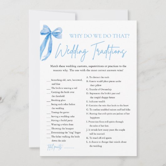 ブルーボウの結婚伝統ブライダルシャワーゲーム 招待状 (正面)