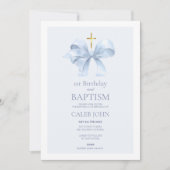 ブルーボウの誕生日と男の子のためのバプテスマ 招待状 (正面)