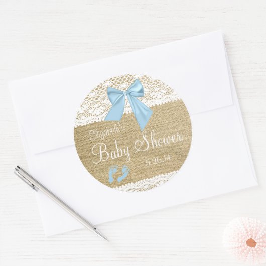 ブルーボウの赤ちゃんシャワー付きバーラップとレース ラウンドシール (封筒)
