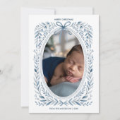 ブルーボウウォーター色ボタニカルオーバルフォトクリスマス シーズンカード (正面)