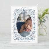 ブルーボウウォーター色ボタニカルオーバルフォトクリスマス シーズンカード (スタンド正面)