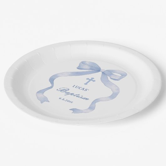 ブルーボウエレガントバプテスマ ペーパープレート (アングル)