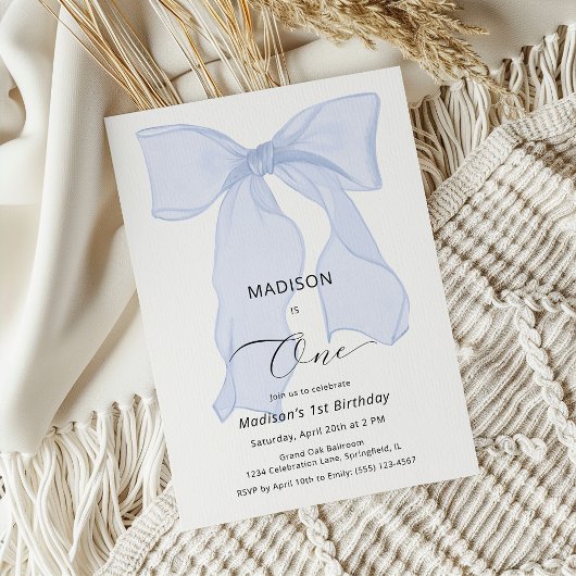 ブルーボウエレガントファースト誕生日 招待状