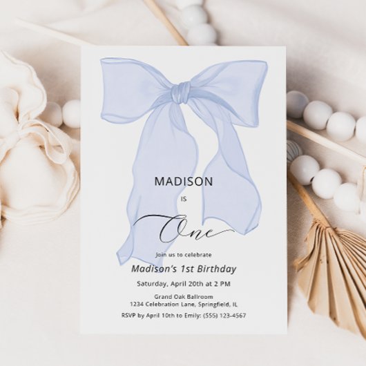ブルーボウエレガントファースト誕生日 招待状