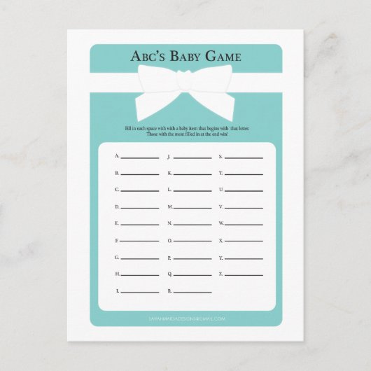 ブルーボウエレガントABCのベビーシャワーゲーム インビテーションポストカード (正面)