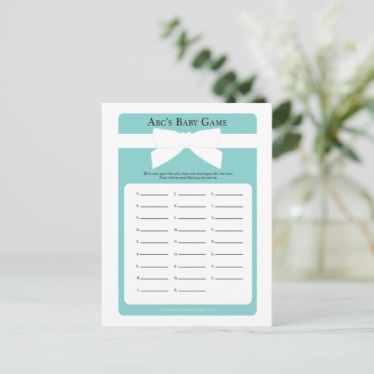 ブルーボウエレガントABCのベビーシャワーゲーム インビテーションポストカード (スタンド正面)