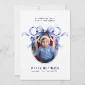 ブルーボウオーバルフレームハッピーホリデーズフォト シーズンカード (正面)