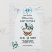 ブルーボウカウボーイベビーカー赤ちゃんシャワー 招待状 (正面/裏面)