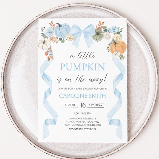 ブルーボウカボチャ赤ちゃんシャワー 招待状