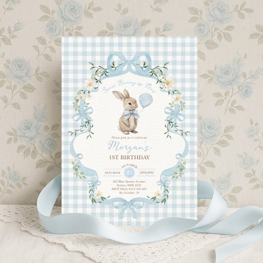 ブルーボウギンガムの1歳の誕生日 Some Bunny is One 招待状