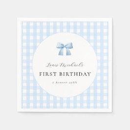 ブルーボウギンガム1歳の誕生日ペーパーナプキン スタンダードカクテルナプキン