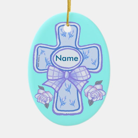 ブルーボウクリスチャンクロスオーナメント セラミックオーナメント (正面)