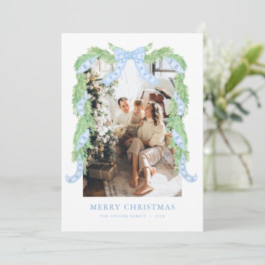 ブルーボウクリスマスガーランドフォトホリデーカード シーズンカード (スタンド正面)