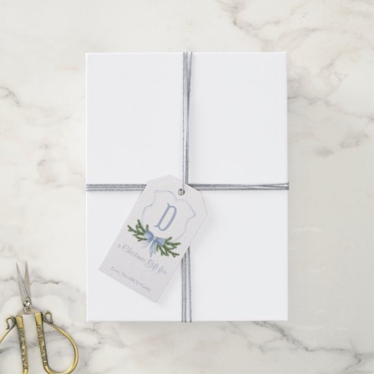 ブルーボウクリスマスクレストギフトラベル- D ギフトタグ (より糸付き)