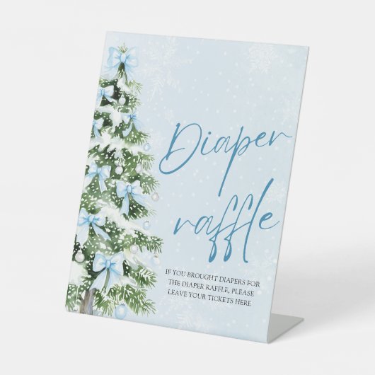 ブルーボウクリスマスツリー赤ちゃんシャワーおむつラッフル 台座サイン (正面)