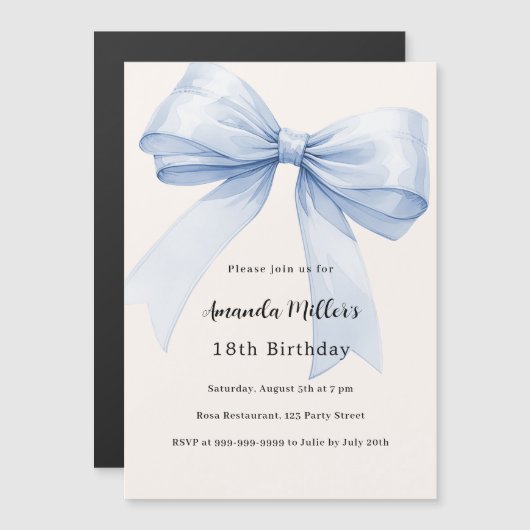 ブルーボウクリームベージュ豪華な誕生日 マグネット招待状 (正面/裏面)