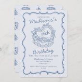 ブルーボウスウィート16ハートコケットケーキ誕生日 招待状 (正面/裏面)