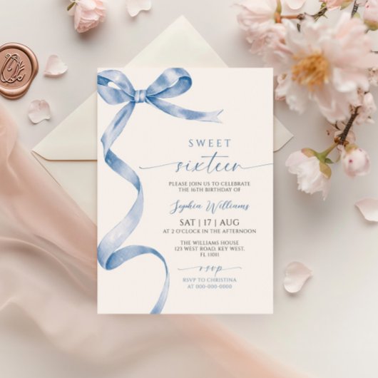 ブルーボウスウィート16誕生日招待状 招待状