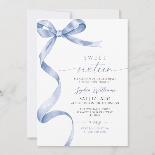 ブルーボウスウィート16誕生日招待状 招待状 (正面)